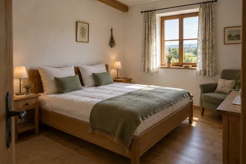 Das helle Birkenzimmer mit Doppelbett, Eichenmöbeln und Blick ins Grüne.