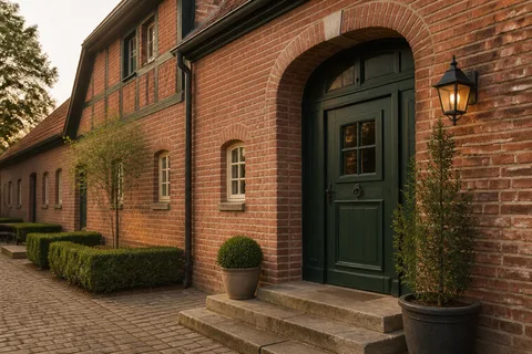 Der dunkelgrüne Haupteingang liegt an der gepflasterten Hofseite.