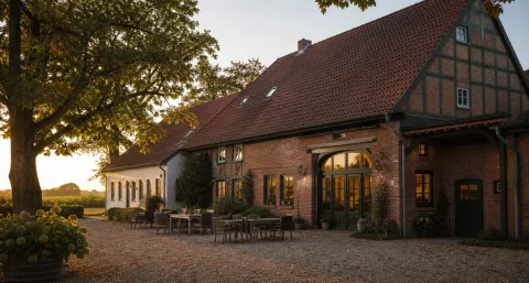Der Gecksche Hof am frühen Abend mit der Terrasse unter der alten Kastanie.